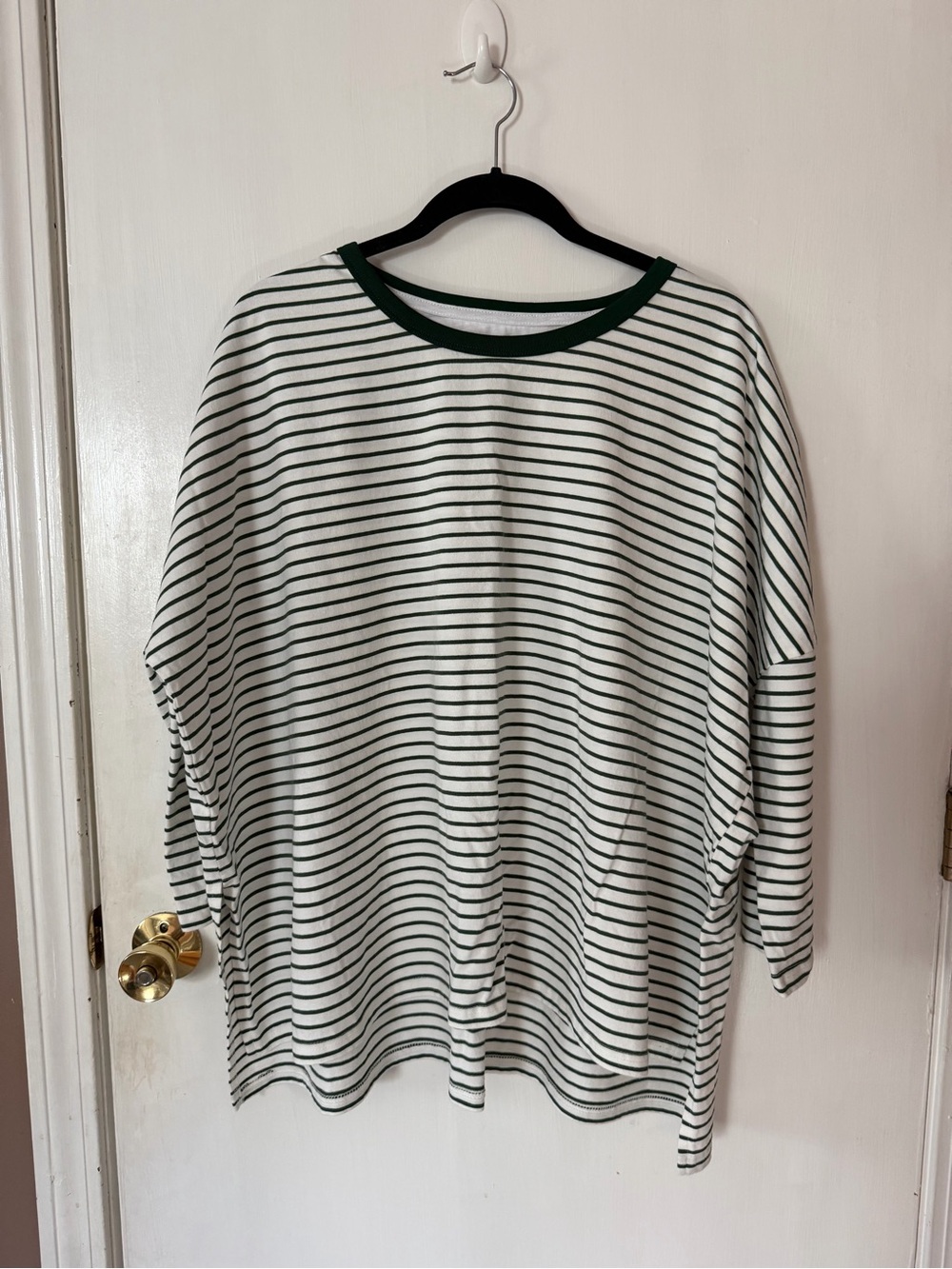 Women's White and Dark Green Striped Long Sleeve Tee